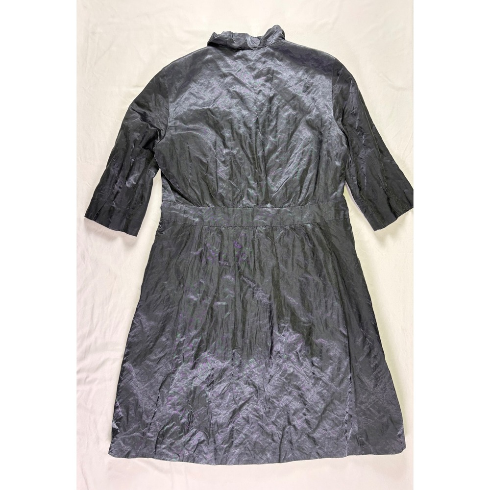 Eileen Fisher Steel Satin Coat S Black Metallic Ruffle Collar Lightweight Shiny - Picture 8 of 9